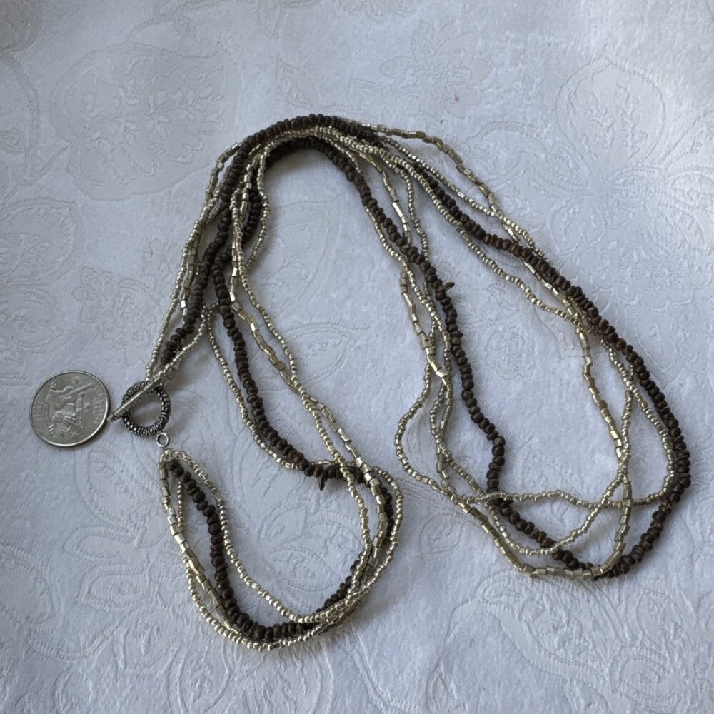 NEW Seed Bead Multi Layer Gold Tone Brown Multistrand Beaded Necklace 15" Drop - Picture 5 of 11